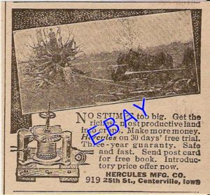 1917 Hercules Horse Stump Puller Ad Centerville Iowa