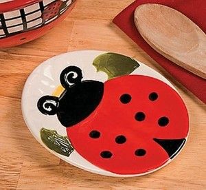Red Ladybug Ceramic Bath Soap Dish / Kitchen Spoon Rest Bathroom 