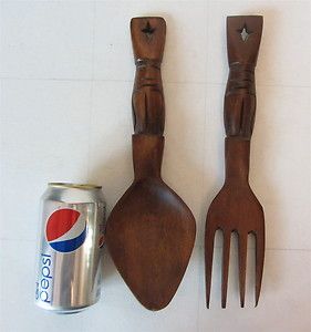 Wood Hand Carved Fork and Spoon Wall Decor Vintage totem pole TIKI 12 