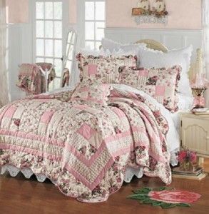 SHABBY CHIC STYLE ROMANTIC FLORAL HANDCRAFTED COTTON QUILT W/ SHAM(S 