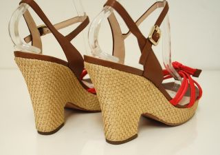 Celine 2012 Woven Wedge Espadrilles Leather 40 Coral and Brown