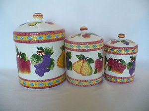 Set 3 Ceramic Kitchen Canisters Textured White Fruit Decor Grapes 
