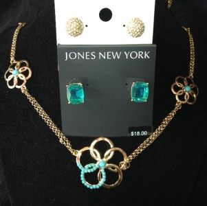    GOLD TONE TURQUOISE FLOWER LONG NECKLACE CHAIN + FREE EARRINGS