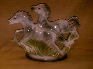Two Gray Horses Running Ceramic Figurine Double Horse