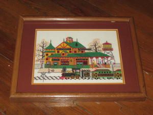 CHARLES WYSOCKI CROSS STITCH COMPLETED FINISHED FRAMED RIVERBANK TRAIN 