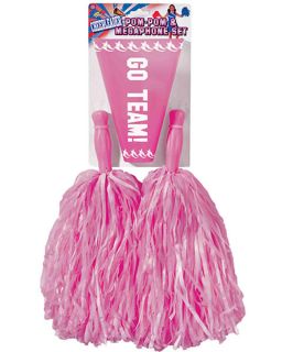 Set includes two pink pom poms and a coordinating pink megaphone with 