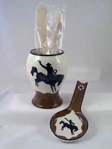 Cowboy Americana Ceramic Jar Spoon Rest Kitchen Set