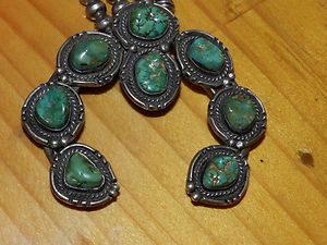 Superb 1950s Cerrillos Turquoise Sterling Silver Squash Blossom 