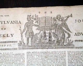 RARE 1771 Newspaper Colonial Pennsylvania Cherokees Indians Charleston 