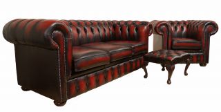 Chesterfield Leather Three Piece Sofa Chair Footstool Suite Oxblood 3 