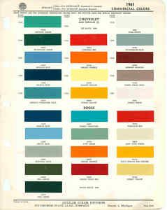 1961 Chevrolet Dodge Truck Paint Color Chart PPG 61