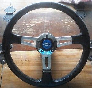 Grant Chevy Blue Bowtie Emblem Leather 3 Spoke Steering Wheel Chrome 