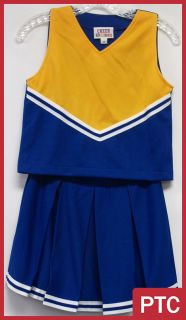   Cheerleading Outfit Gold Blue V Front Box Pleat Skirt New