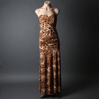 Brown Leopard Strapless Party Gown Evening Cocktail Long Maxi Dress 