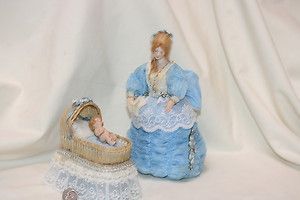   Victorian Mother Child Dolls Wicker Lace Bassinet Kowalke