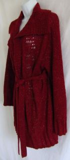 CHICOS Red Metallic Shimmer Long Sweater Cardigan 3 XL Belted