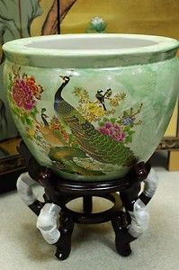 14 Chinese Simple Green Peacock Porcelain Planter Flower Pot Fish Bowl 