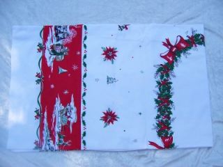 Vintage Linen Cotton Tablecloth Christmas Scene White Red Green Santa 