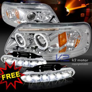 97 03 Ford F150 Chrome Halo Rim Projector Headlights LED DRL Driving 