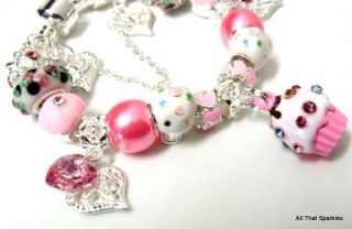 Pink Cupcake Swarovski Heart Child Girls Charm Bracelet