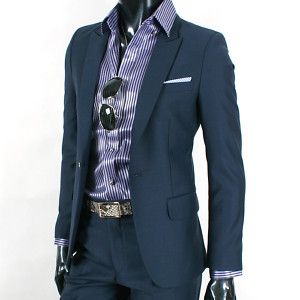 Men Slim Fit 1 BTN Peak Suit SU114 Blue Gray Sz Choice