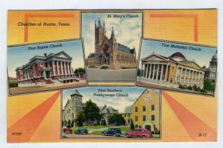 churches of austin texas linen postcard