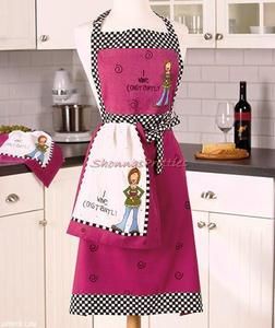   Wine Constantly Kitchen Apron Towel Set Purple Black Checkered