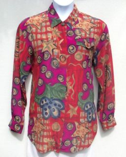 Christie Jill Large Crinkle Button Down Multi Pattern Polyester Career 