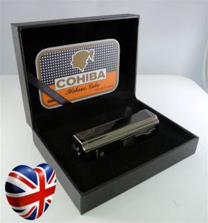 COHIBA Cigar Lighter Triple Jet Flame in Silver Integrated Punch BNIB 