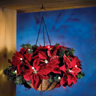 Cordless Hanging Holiday Poinsettia Basket Christmas Decor Garland 25 