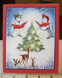Vintage Christmas Card Snowmen Sing Deer Squirrel Watch Rabbit Sings 