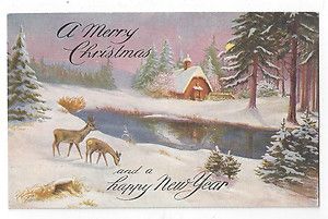 Antique Erkal Christmas Post Card Deer by Brook in Winter