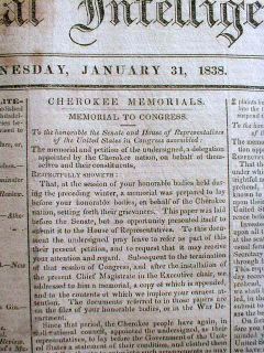 Best 1838 Newspaper Trail of Tears Cherokee Indian Response Signed by 