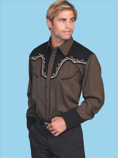Scully Mens Western Fancy Brown & Black Vintage Embroidered Snap Shirt 