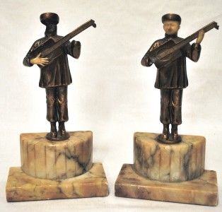 Pair of Vintage Bronze and Marble Oriental Musician Bookends as 
