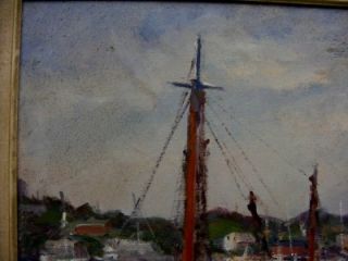  Oil Painting of Boat on Dock w Workers Wood Frame Signed Civale