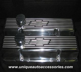 New SBC Tall Chevy Bowtie Polished Aluminum Valve Covers Clear Roller