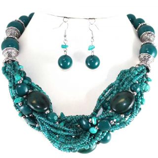 Chunky Teal Blue Silver Bead Twisted Earrings Necklace Set Costume