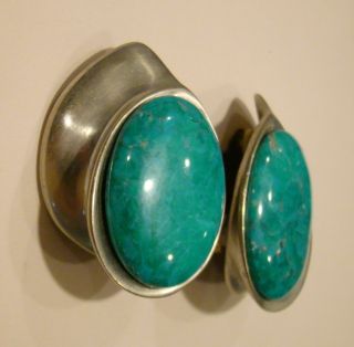 Vtg Clara Studios Modernist Turquoise Clip Earrings