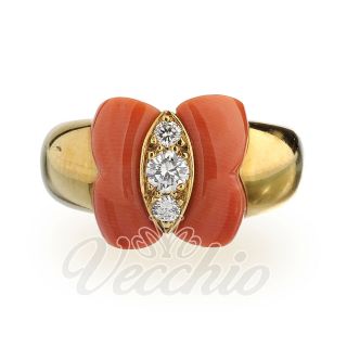 VCA Van Cleef Arpels Butterfly Coral and Diamonds 18K Yellow Gold Ring