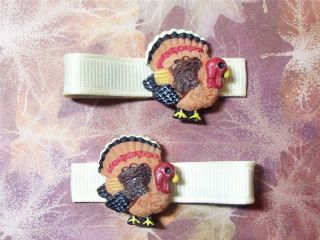 Thanksgiving Turkey Resins on Creme Grosgrain Girls Hair Clips