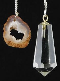Sided Clear QUARTZ Crystal Stone PENDULUM with Geode Slice & Velvet