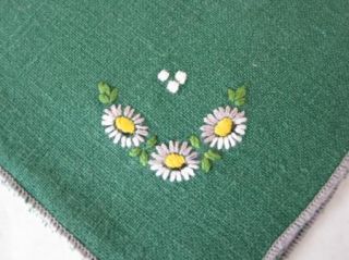 Set of 4 Green Linen Embroidered Cloth Napkins Daisy Daisies Design