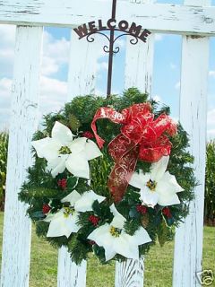 Christmas Wreath Silk White Poinsettias Pinecones Holly Pine Holidays