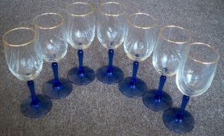 Set Of 7 Vintage Blue Stem Cobalt Wine Glasses Gold Rim Goblets Free