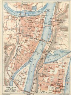 Germany 1926 Coblenz Koblenz Coblentz Old Antique Detailed City Map