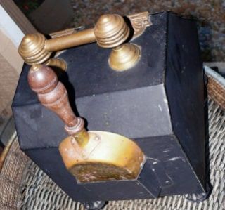 Antique English Slate Coal Scuttle w/ Original Brass Shovel and Brush