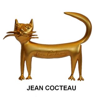 RARE Vintage French Signed Jean Cocteau Gold Cat Pin