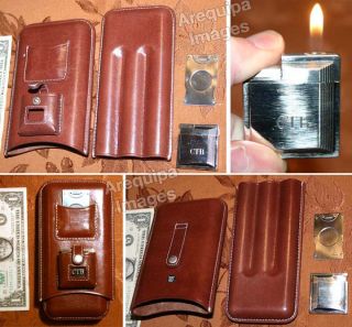 Leather 3 Cigar holder Case & Cutter, clipper Lighter New other(has