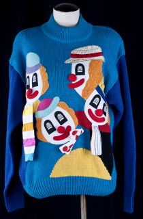 Vtg 80s CIRCUS CLOWNS 3D Applique Colorful Costume Sweater Sz M